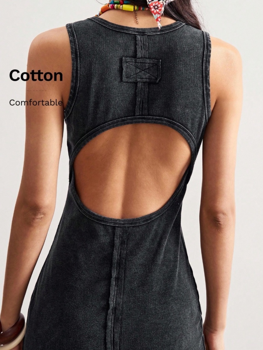 Cotton Black Ribbed Slim Fitting Tank Dress Open Back Cut Out